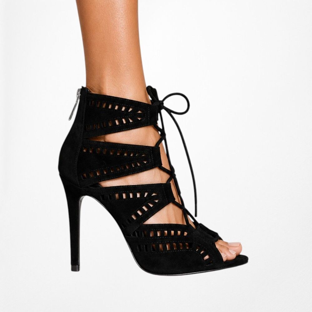 Zara Black Suede Leather Lace Up Peep Toe Ankle Bootie Stiletto Heels Size 6
